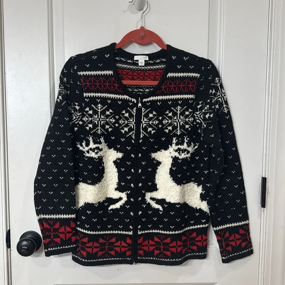 J. JILL CHRISTMAS REINDEER FAIR ISLE INTARSIA ZIP CARDIGAN SWEATER X SMALL - Picture 3 of 9